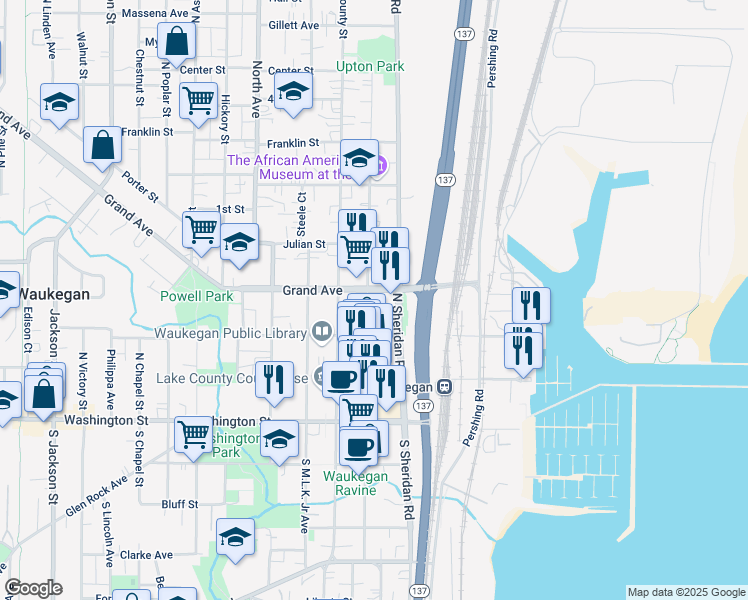 map of restaurants, bars, coffee shops, grocery stores, and more near 221 North Genesee Street in Waukegan