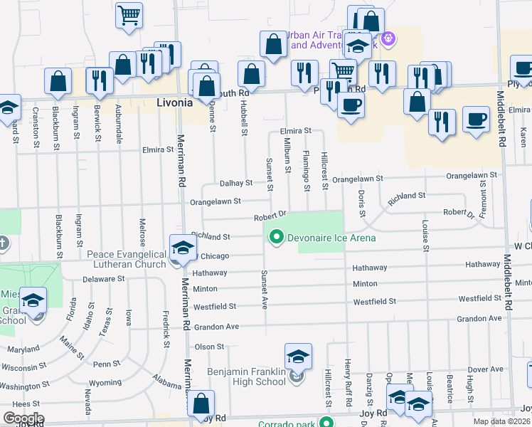 map of restaurants, bars, coffee shops, grocery stores, and more near 30849 Robert Drive in Livonia