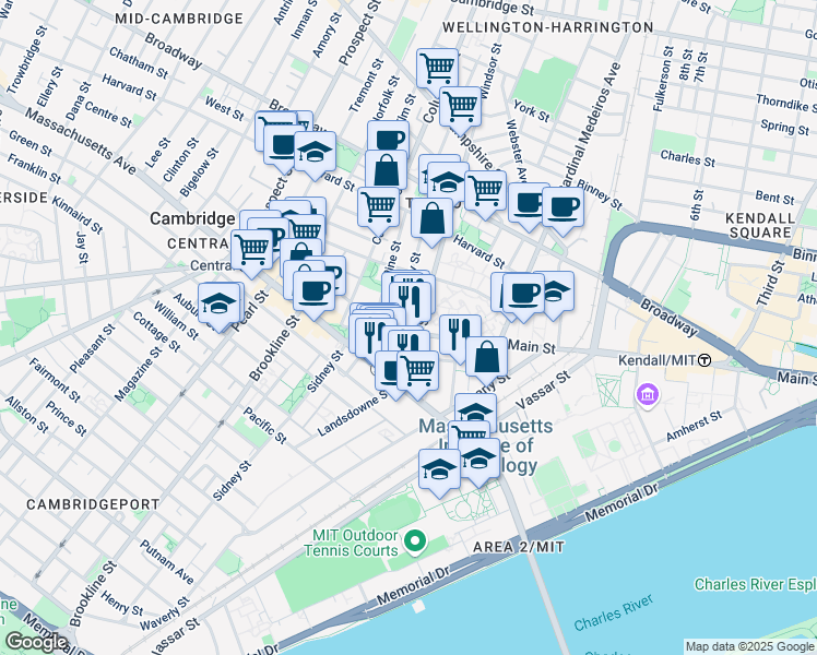 map of restaurants, bars, coffee shops, grocery stores, and more near 782 Main Street in Cambridge