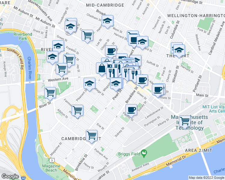 map of restaurants, bars, coffee shops, grocery stores, and more near 71 Pearl Street in Cambridge