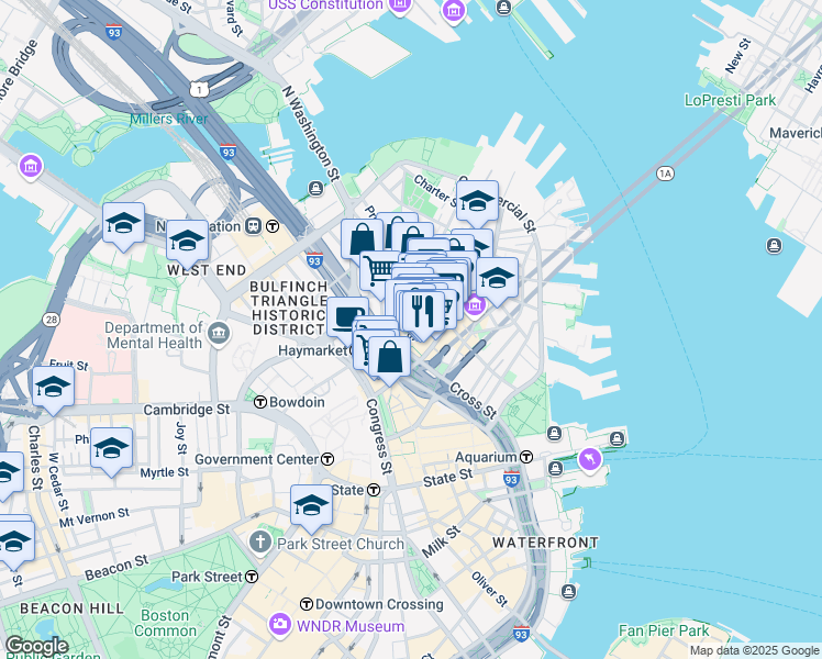 map of restaurants, bars, coffee shops, grocery stores, and more near 36 Salem Street in Boston