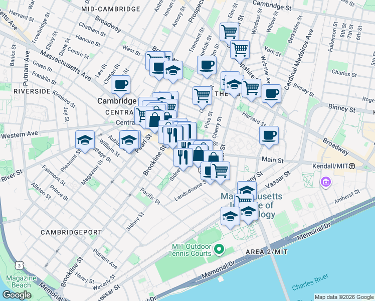 map of restaurants, bars, coffee shops, grocery stores, and more near 905 Main Street in Cambridge