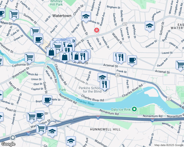 map of restaurants, bars, coffee shops, grocery stores, and more near 26 Royal Street in Watertown