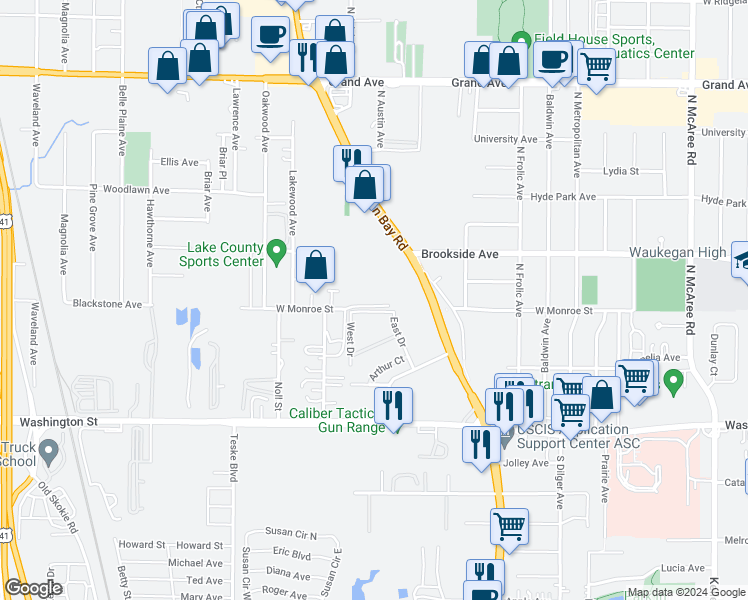 map of restaurants, bars, coffee shops, grocery stores, and more near 3130 West Monroe Street in Waukegan