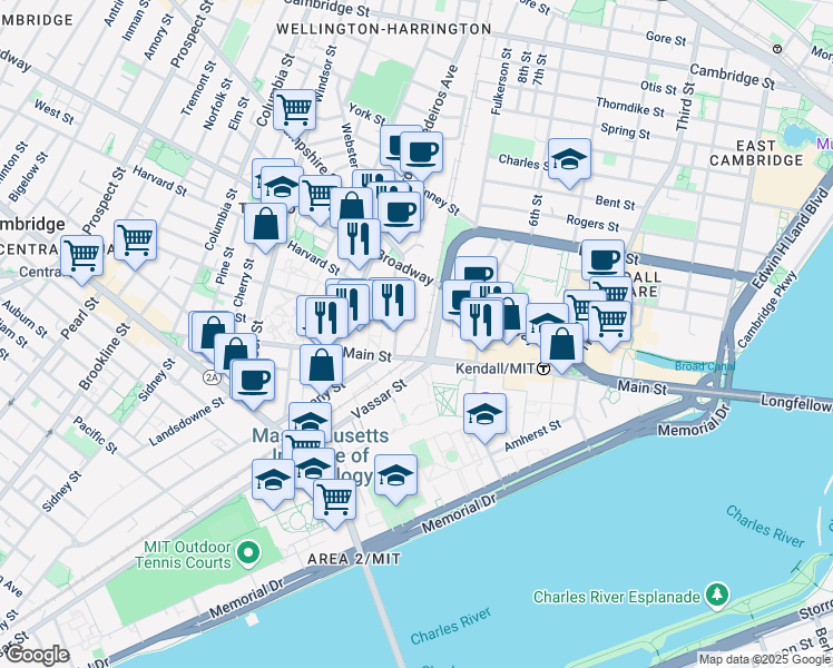 map of restaurants, bars, coffee shops, grocery stores, and more near 525 Main Street in Cambridge