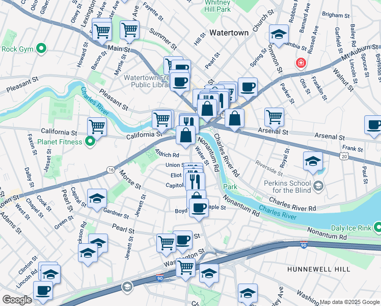 map of restaurants, bars, coffee shops, grocery stores, and more near 20 Watertown Street in Watertown