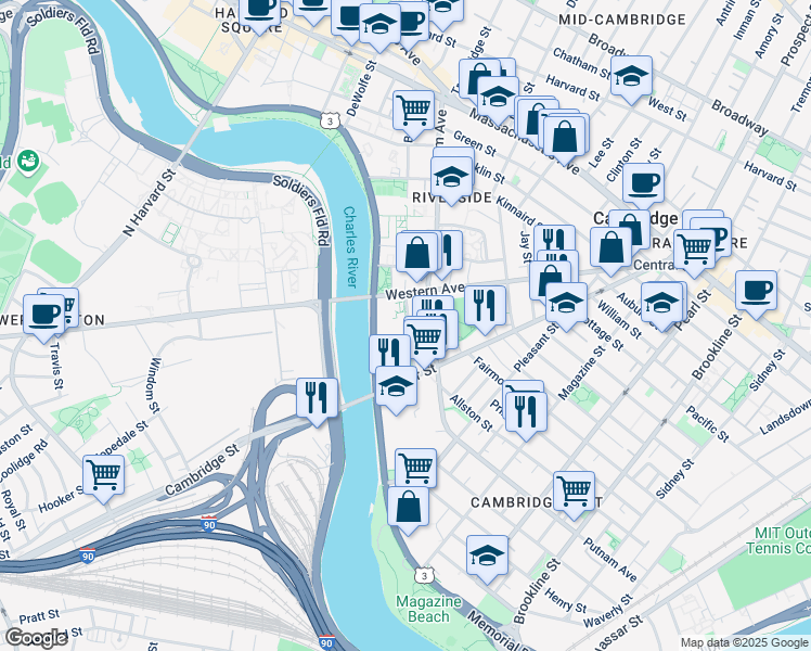 map of restaurants, bars, coffee shops, grocery stores, and more near 46 Blackstone Street in Cambridge