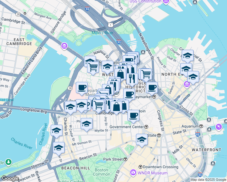 map of restaurants, bars, coffee shops, grocery stores, and more near 5 Longfellow Place in Boston