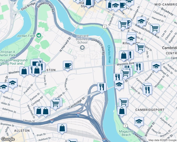 map of restaurants, bars, coffee shops, grocery stores, and more near 90 Rotterdam Street in Boston