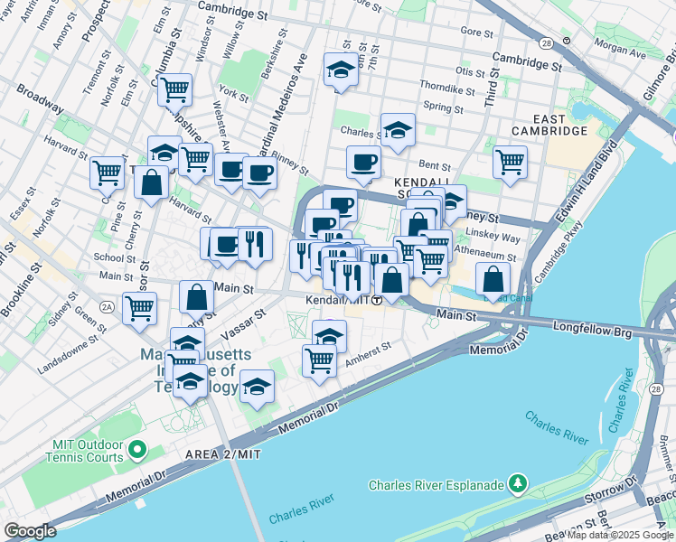 map of restaurants, bars, coffee shops, grocery stores, and more near 92 Ames Street in Cambridge