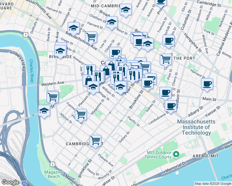 map of restaurants, bars, coffee shops, grocery stores, and more near 166 Auburn Street in Cambridge