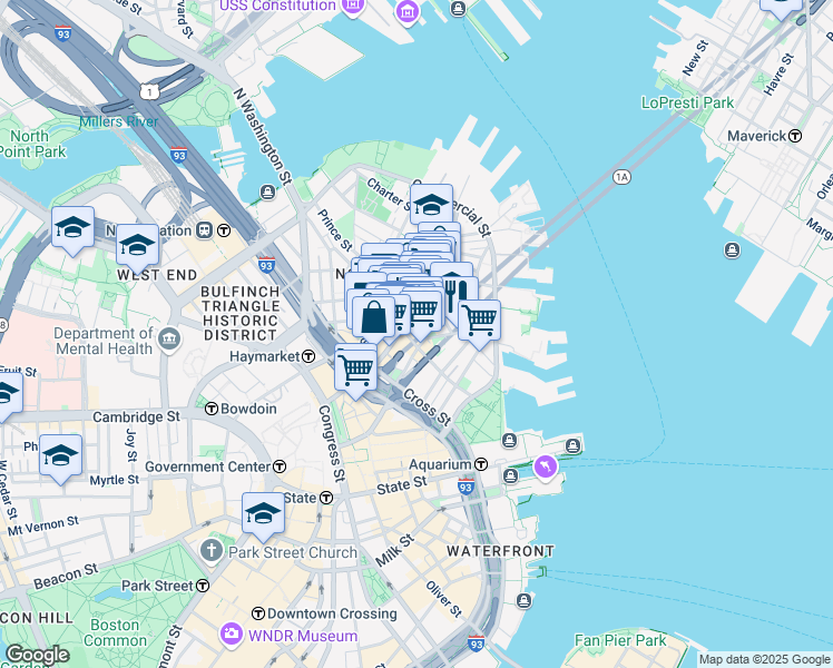 map of restaurants, bars, coffee shops, grocery stores, and more near 35 Quincy Court in Boston