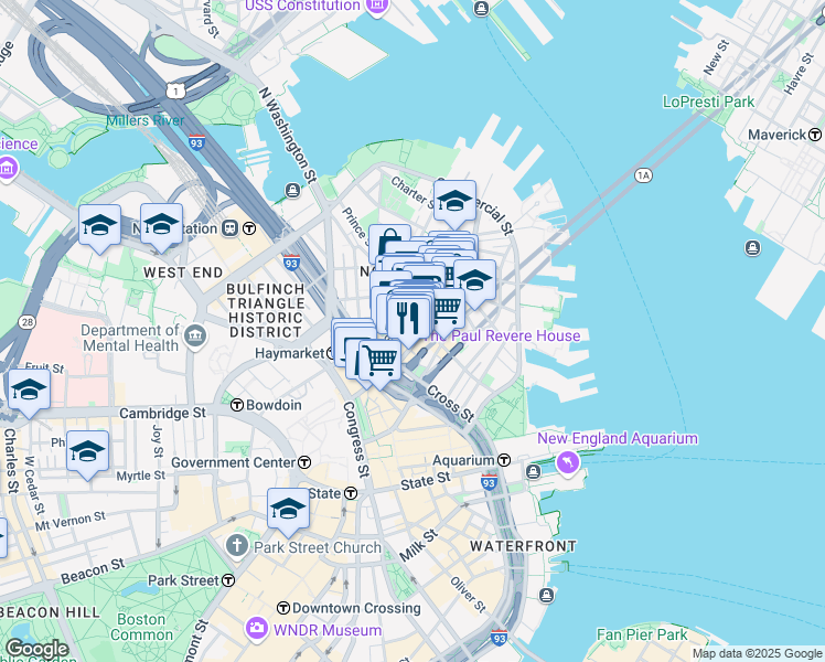 map of restaurants, bars, coffee shops, grocery stores, and more near in Boston
