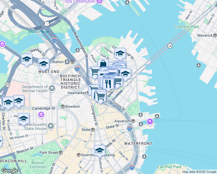 map of restaurants, bars, coffee shops, grocery stores, and more near in Boston