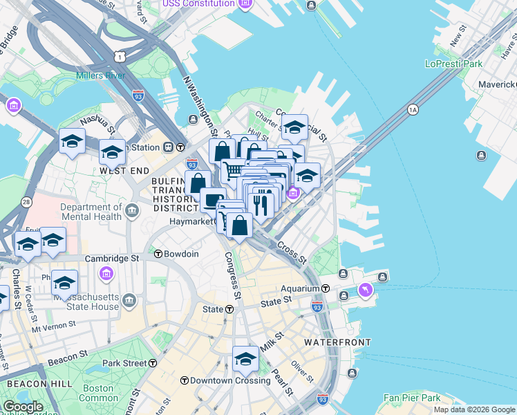 map of restaurants, bars, coffee shops, grocery stores, and more near 36 Salem Street in Boston