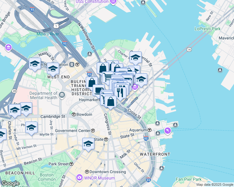map of restaurants, bars, coffee shops, grocery stores, and more near 36 Salem Street in Boston