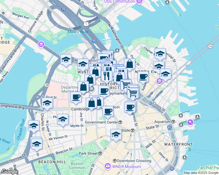 map of restaurants, bars, coffee shops, grocery stores, and more near 50 New Chardon Street in Boston