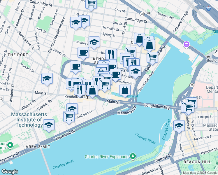 map of restaurants, bars, coffee shops, grocery stores, and more near in Cambridge