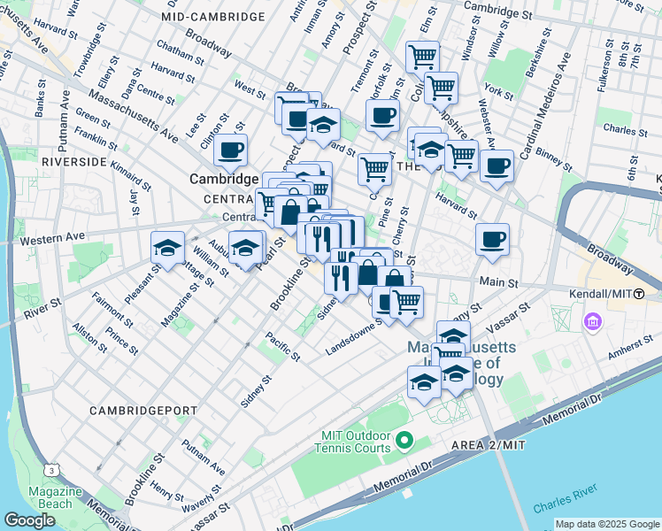 map of restaurants, bars, coffee shops, grocery stores, and more near 378 Massachusetts Avenue in Cambridge