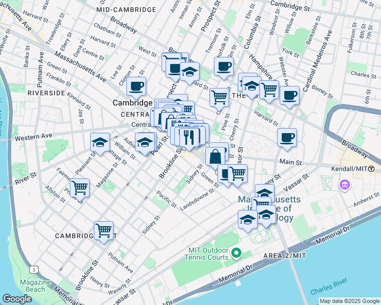 map of restaurants, bars, coffee shops, grocery stores, and more near 129 Franklin Street in Cambridge