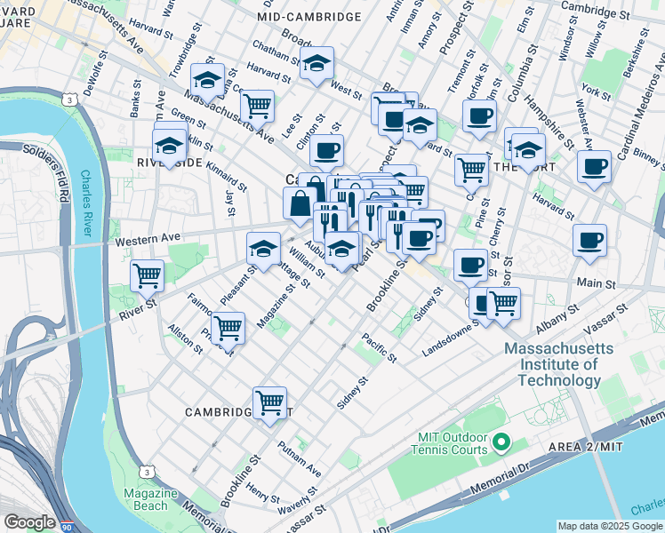 map of restaurants, bars, coffee shops, grocery stores, and more near 71 Pearl Street in Cambridge