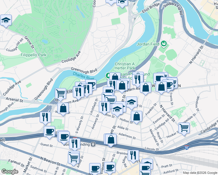 map of restaurants, bars, coffee shops, grocery stores, and more near 355 Western Avenue in Boston
