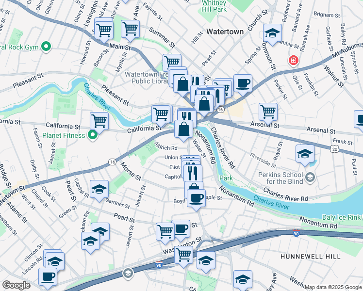 map of restaurants, bars, coffee shops, grocery stores, and more near 23 Union Street in Watertown