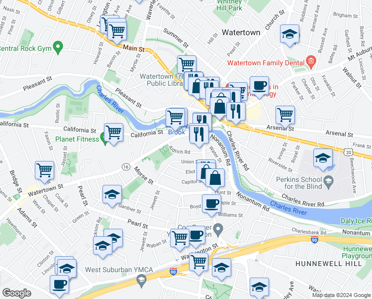 map of restaurants, bars, coffee shops, grocery stores, and more near 23 Union Street in Watertown