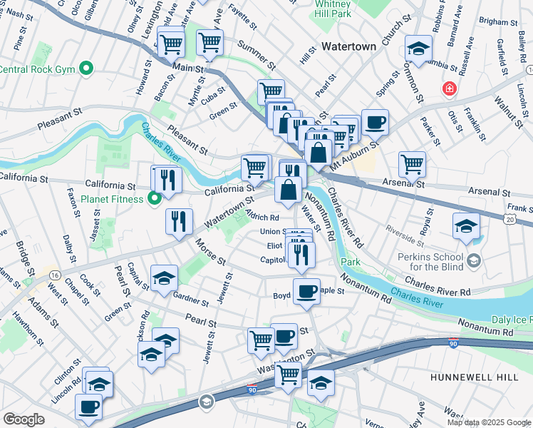 map of restaurants, bars, coffee shops, grocery stores, and more near 49 Union Street in Watertown