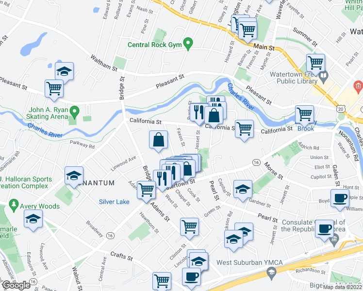 map of restaurants, bars, coffee shops, grocery stores, and more near 59 Faxon Street in Newton