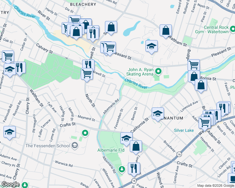 map of restaurants, bars, coffee shops, grocery stores, and more near 62 Albemarle Road in Newton