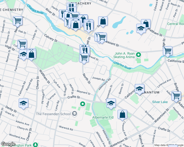 map of restaurants, bars, coffee shops, grocery stores, and more near 120 Farwell Street in Newton