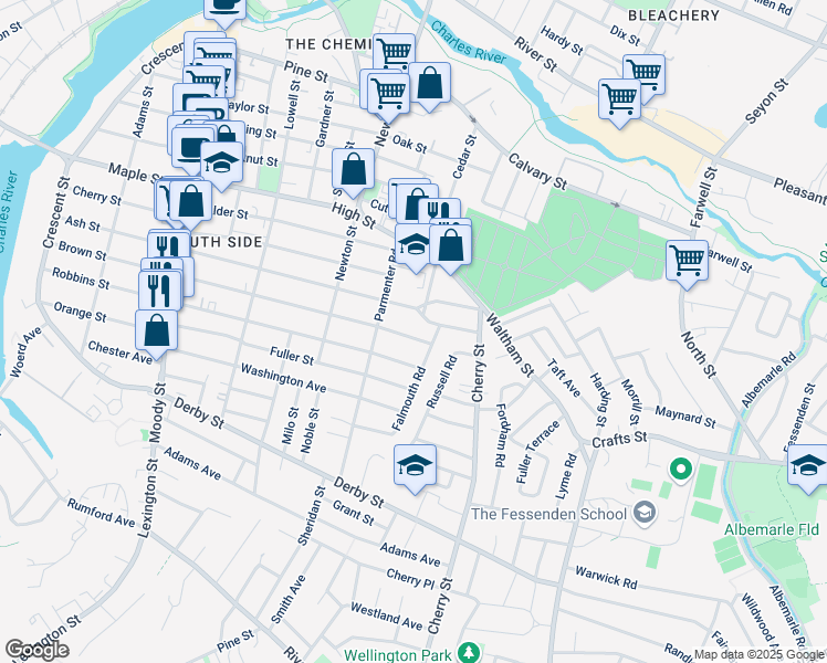 map of restaurants, bars, coffee shops, grocery stores, and more near 39 Berkshire Road in Waltham