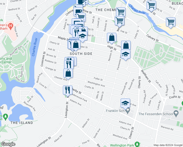 map of restaurants, bars, coffee shops, grocery stores, and more near 20 Fuller Street in Waltham