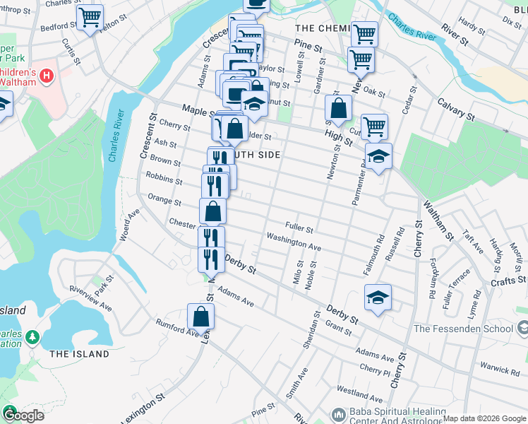 map of restaurants, bars, coffee shops, grocery stores, and more near 55 Wadsworth Avenue in Waltham