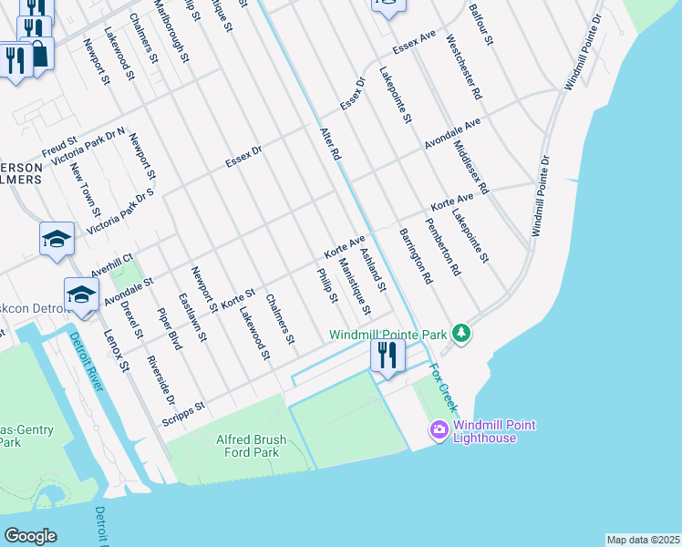 map of restaurants, bars, coffee shops, grocery stores, and more near 262 Philip Street in Detroit