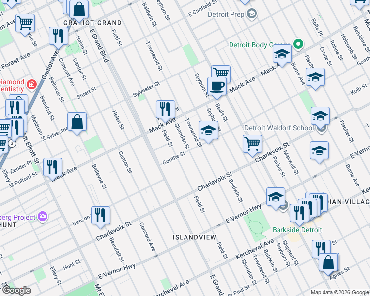 map of restaurants, bars, coffee shops, grocery stores, and more near 7300-7398 Goethe Street in Detroit