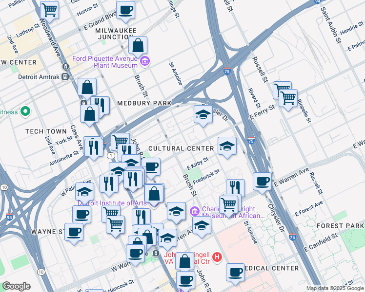 map of restaurants, bars, coffee shops, grocery stores, and more near in Detroit