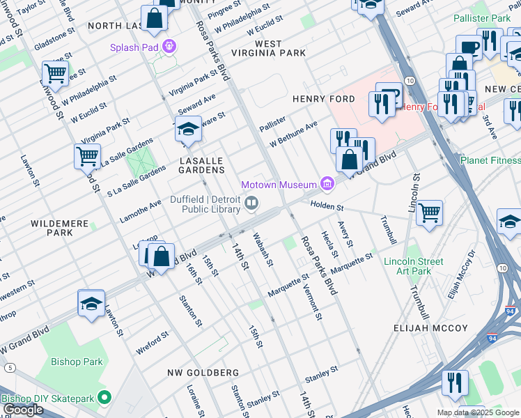 map of restaurants, bars, coffee shops, grocery stores, and more near 2550 Grand Srv Road in Detroit