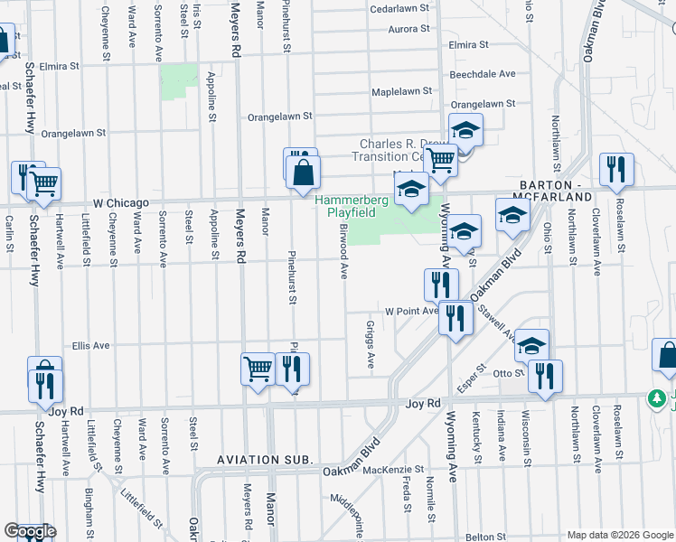 map of restaurants, bars, coffee shops, grocery stores, and more near 9255 Birwood Street in Detroit