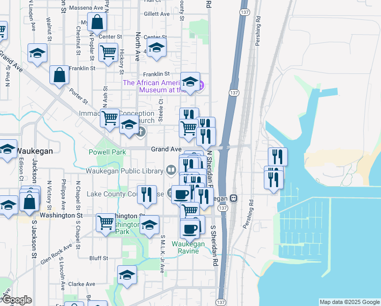 map of restaurants, bars, coffee shops, grocery stores, and more near 221 North Genesee Street in Waukegan