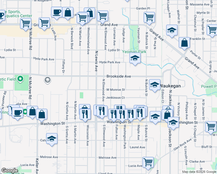 map of restaurants, bars, coffee shops, grocery stores, and more near 1711 West Monroe Street in Waukegan