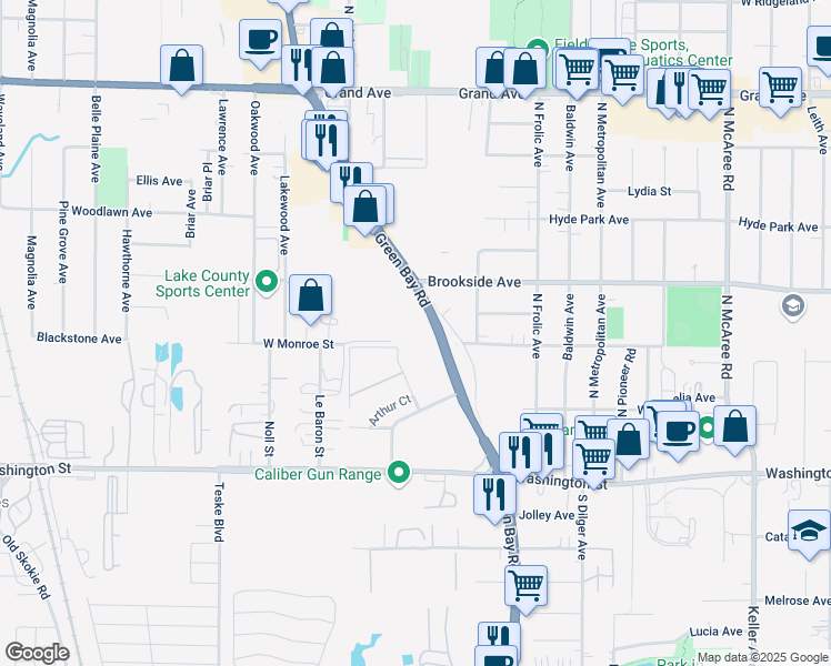 map of restaurants, bars, coffee shops, grocery stores, and more near 202 North Green Bay Road in Waukegan