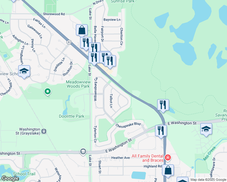 map of restaurants, bars, coffee shops, grocery stores, and more near 1092 Talbot Lane in Grayslake