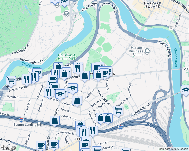 map of restaurants, bars, coffee shops, grocery stores, and more near 230 Western Avenue in Boston