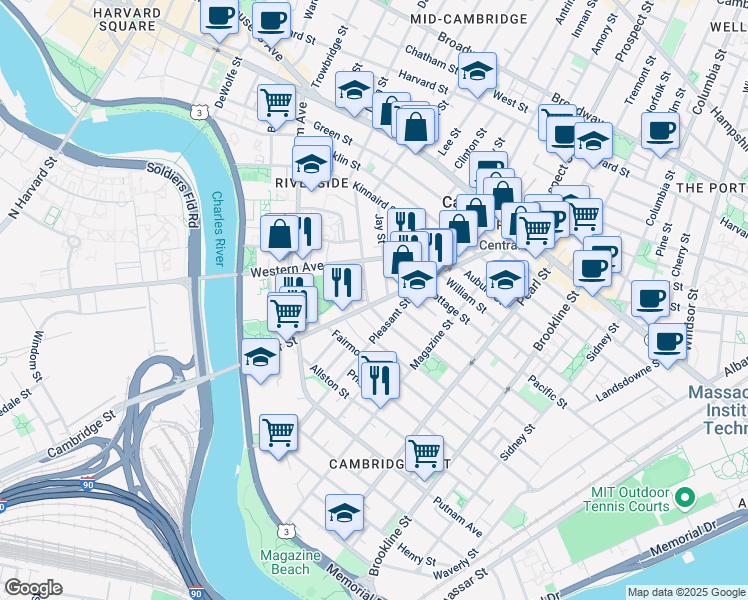map of restaurants, bars, coffee shops, grocery stores, and more near 17 Laurel Street in Cambridge