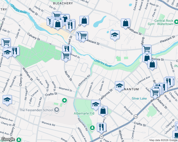 map of restaurants, bars, coffee shops, grocery stores, and more near 62 Albemarle Road in Newton