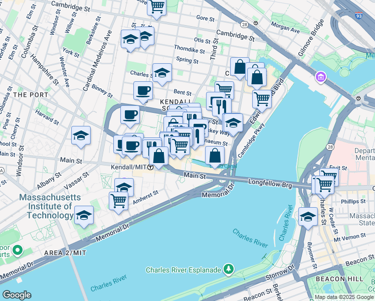 map of restaurants, bars, coffee shops, grocery stores, and more near 250 Kendall Street in Cambridge