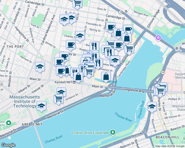 map of restaurants, bars, coffee shops, grocery stores, and more near in Cambridge