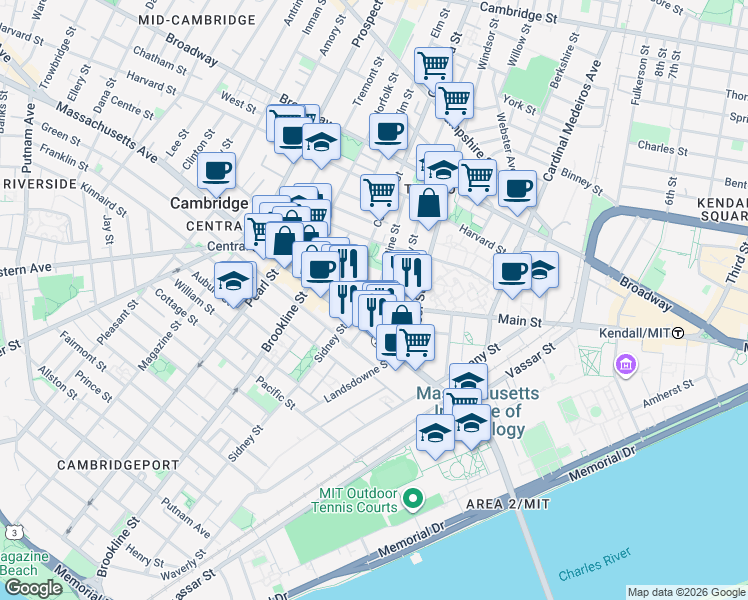 map of restaurants, bars, coffee shops, grocery stores, and more near 15 State Street in Cambridge